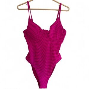Good American Jacquard Show Off One-Piece Pink Checkered Swimsuit Size 3 Large